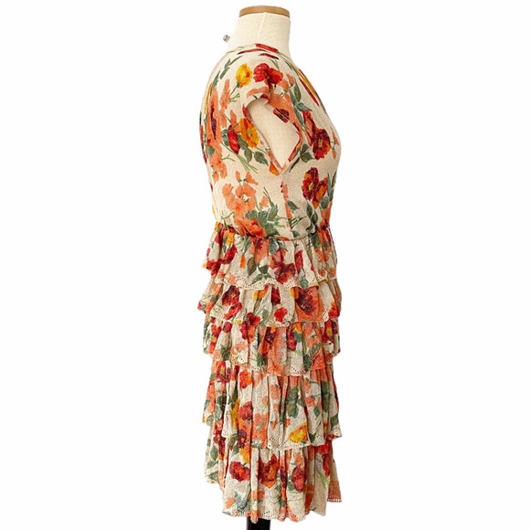 Escada Shimmer Poppy Floral Tiered Ruffle Dress V Neck Stretch - Picture 4 of 12